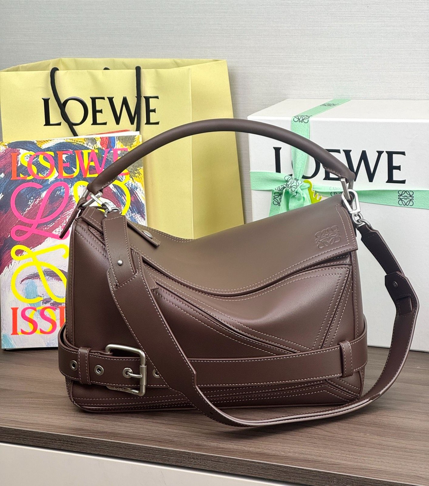 L0ew* Large Puzzle Biker bag in shiny calfskin