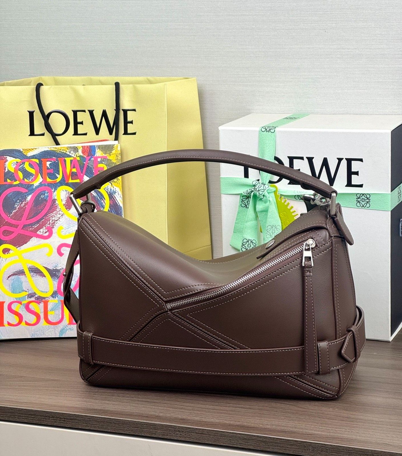 L0ew* Large Puzzle Biker bag in shiny calfskin